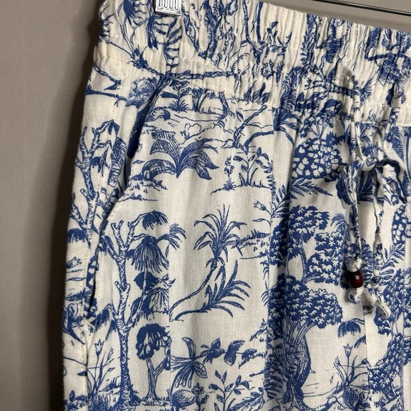 Nicole Miller Pants M White Blue Toile Linen Blend Pull On Resort Vacation - Picture 5 of 9